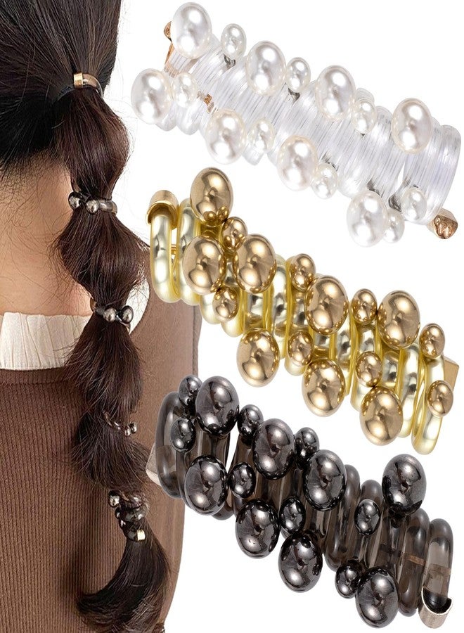 SmallCat 3PCS Spiral Hair Ties with Beads, Pearl Phone Cord Shape Bands, Elastic Rubber Ponytail Holders for Women, No Crease Hairstylist Accessories for Long Curly Hair-Gold Black White Pearl - Image 1